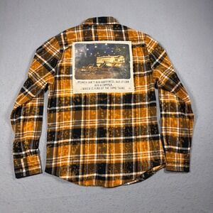 Angry Minnow Flannel‎ Shirt Men Small Plaid Graphic Patch Camper Life NWT